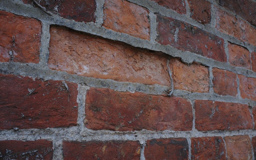 Eroded faces of bricks in a garden wall